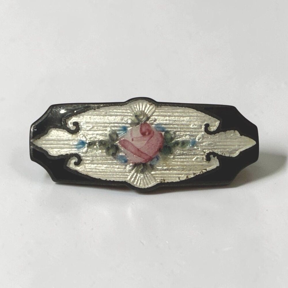 Antique Steeling Guilloché Enamel Rose Bar Brooch Black Border c.1910s Signed A